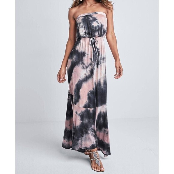 VENUS Strapless Maxi Dress Pink Blue Tie Dye Drawstring Waist Jersey Women Large - Picture 1 of 12